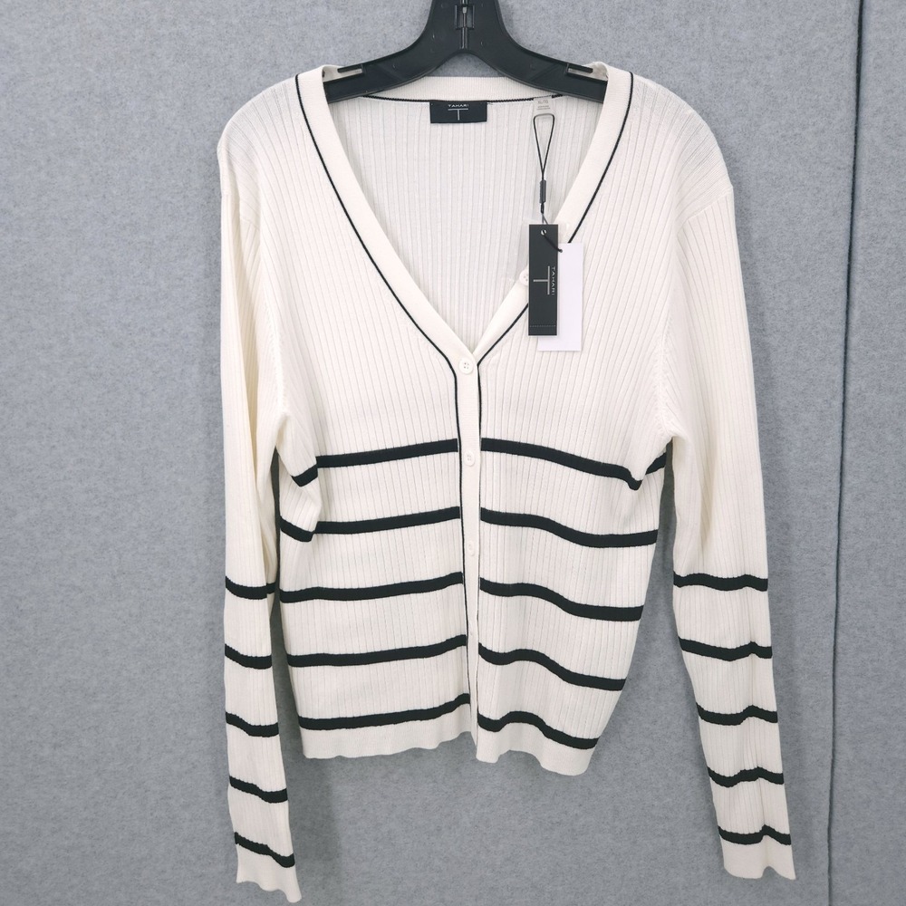 T Tahari Knit V Neck Cardigan White Black Stripe Sweater Button Front Womens M